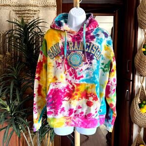 Vintage San Francisco Tie Dye Hoodie L OBSI Embroidered California Pullover Y2K